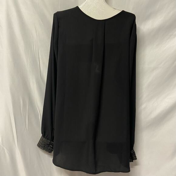 Janet Chung Top Shear Dark Black Sequin Studs Blouse Dressy Size L - Picture 2 of 10